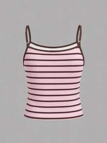 Tween Girls' Casual Minimalist Camisole Top, Pink & Brown Striped, Summer - Multicolor - View 1