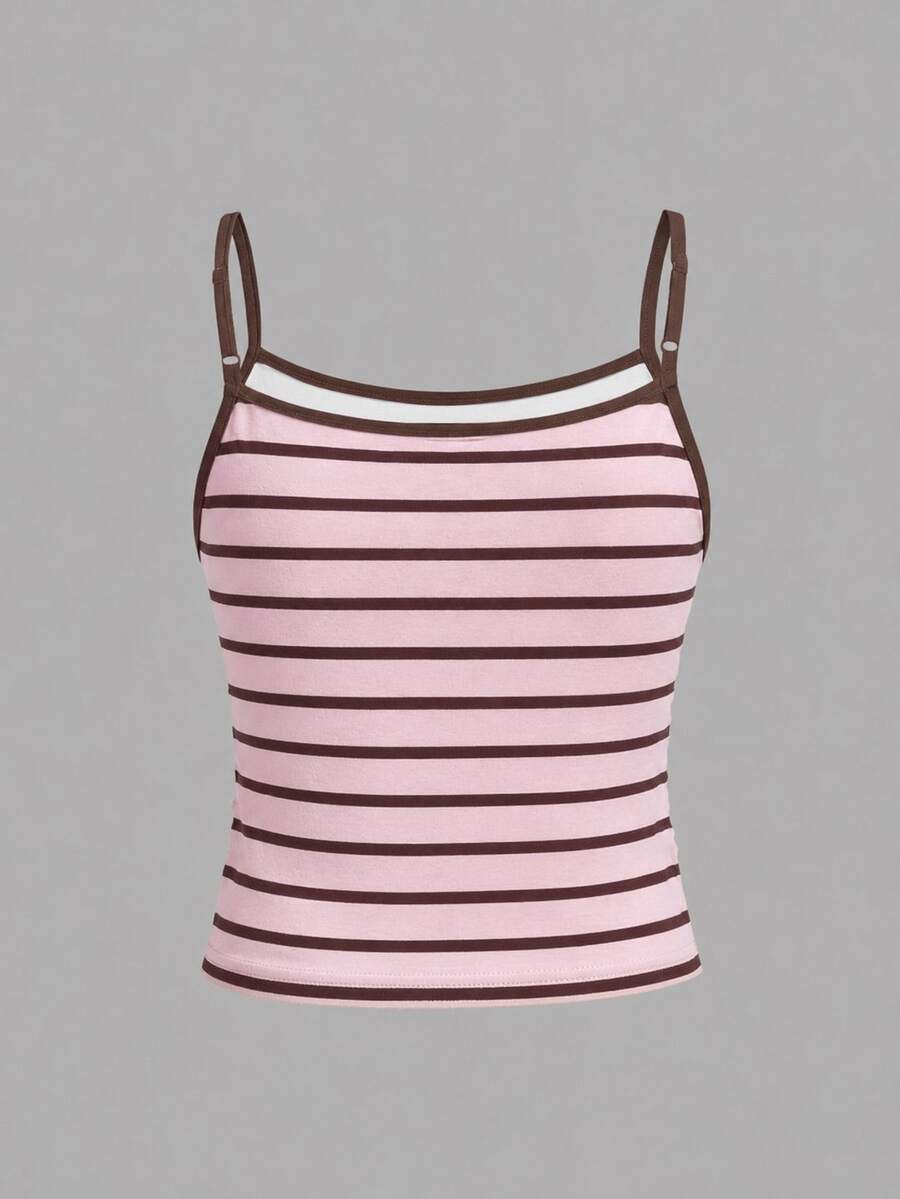 Tween Girls' Casual Minimalist Camisole Top, Pink & Brown Striped, Summer - Multicolor - View 1