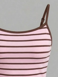 Tween Girls' Casual Minimalist Camisole Top, Pink & Brown Striped, Summer - Multicolor - View 3