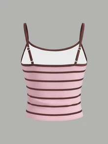 Tween Girls' Casual Minimalist Camisole Top, Pink & Brown Striped, Summer - Multicolor - View 2