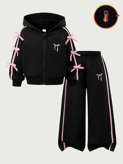 SHEIN Conjunto de 2 piezas para niña joven, sudadera con capucha de manga larga y pantalones de pierna ancha, decoración de lazo en las mangas, tela de punto de felpa suave, sudadera con capucha y cremallera casual y versátil, pantalones de pierna ancha sueltos, estampado de lazo, adecuado para deportes casuales