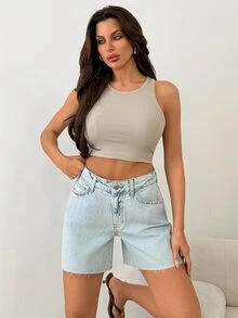 SHEIN Cottnline Daily Casual Mid Rise Light Blue Denim Woman's Short Zipper Front Vacation Summer - Light Wash - View 4