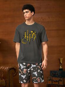 HARRY POTTER X SHEIN 男士字母印花圓領短袖上衣與卡通圖案印花短褲居家休閒套裝 - 灰色 - 查看 1
