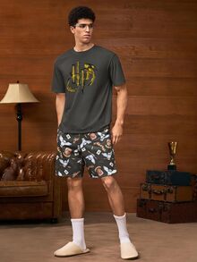 HARRY POTTER X SHEIN 男士字母印花圓領短袖上衣與卡通圖案印花短褲居家休閒套裝 - 灰色 - 查看 5