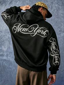 PAVTROS Men's Black Creative Text Pattern Embroidered Zip-Up Hoodie, Black Sweatshirt - Black - View 3