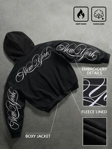 PAVTROS Men's Black Creative Text Pattern Embroidered Zip-Up Hoodie, Black Sweatshirt - Black - View 2