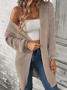 EMERY ROSE Cárdigan de punto texturizado para mujer, estilo casual versátil, corte holgado y cómodo, otoño/invierno - Caqui - Ver 4