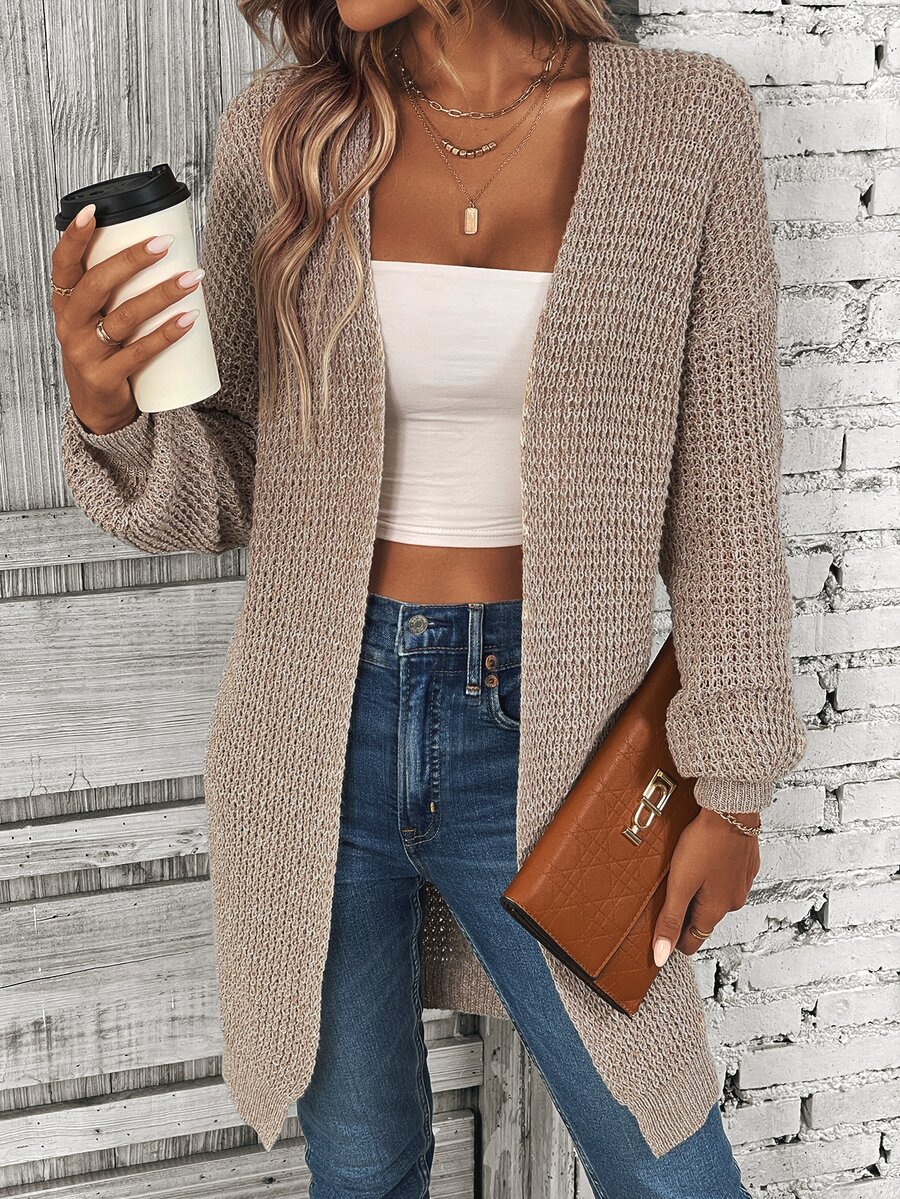 EMERY ROSE Cárdigan de punto texturizado para mujer, estilo casual versátil, corte holgado y cómodo, otoño/invierno - Caqui - Ver 1
