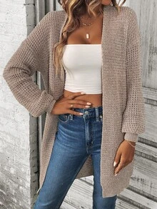 EMERY ROSE Cárdigan de punto texturizado para mujer, estilo casual versátil, corte holgado y cómodo, otoño/invierno - Caqui - Ver 5