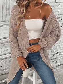 EMERY ROSE Cárdigan de punto texturizado para mujer, estilo casual versátil, corte holgado y cómodo, otoño/invierno - Caqui - Ver 6
