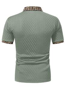 EGENSIO Men's Knitted Jacquard Solid Color Textured Ribbed Collar & Cuff Polo Shirt - Mint Green - View 2