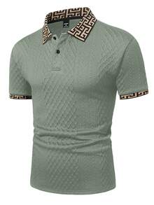 EGENSIO Men's Knitted Jacquard Solid Color Textured Ribbed Collar & Cuff Polo Shirt - Mint Green - View 4