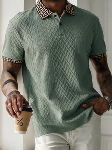 EGENSIO Men's Knitted Jacquard Solid Color Textured Ribbed Collar & Cuff Polo Shirt - Mint Green - View 3