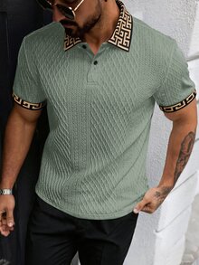 EGENSIO Men's Knitted Jacquard Solid Color Textured Ribbed Collar & Cuff Polo Shirt - Mint Green - View 1