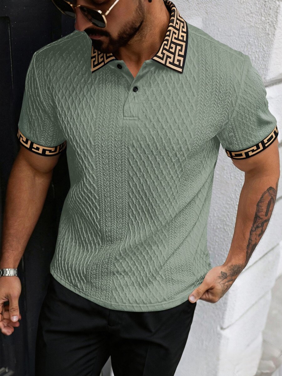 EGENSIO Men's Knitted Jacquard Solid Color Textured Ribbed Collar & Cuff Polo Shirt - Mint Green - View 1