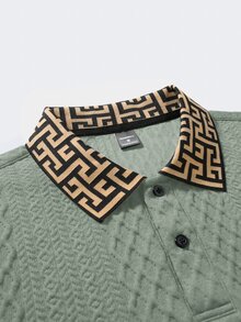 EGENSIO Men's Knitted Jacquard Solid Color Textured Ribbed Collar & Cuff Polo Shirt - Mint Green - View 5