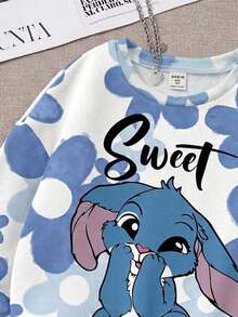 SHEIN Leap Crew 少女可爱卡通蓝色兔子露露和史迪奇图案，蓝色渐变花卉，休闲宽松圆领舒适长袖卫衣，适合秋冬季、度假风、阳光之旅、休闲春季、夏季出游，可爱Y2K椰子波西米亚风春假早午餐必备浅蓝色之旅，霓虹海滩风，波西米亚嬉皮音乐节秋季 - 彩色 - 查看 5