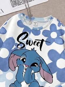 SHEIN Leap Crew 少女可爱卡通蓝色兔子露露和史迪奇图案，蓝色渐变花卉，休闲宽松圆领舒适长袖卫衣，适合秋冬季、度假风、阳光之旅、休闲春季、夏季出游，可爱Y2K椰子波西米亚风春假早午餐必备浅蓝色之旅，霓虹海滩风，波西米亚嬉皮音乐节秋季 - 彩色 - 查看 6