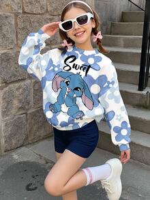 SHEIN Leap Crew 少女可爱卡通蓝色兔子露露和史迪奇图案，蓝色渐变花卉，休闲宽松圆领舒适长袖卫衣，适合秋冬季、度假风、阳光之旅、休闲春季、夏季出游，可爱Y2K椰子波西米亚风春假早午餐必备浅蓝色之旅，霓虹海滩风，波西米亚嬉皮音乐节秋季 - 彩色 - 查看 1