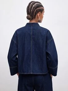Maija 女款青蛙鈕扣休閒百搭日常牛仔上衣，旗袍盤扣，中式風格，休閒優雅，適合派對、秋冬假期穿搭 - 藍色 - 查看 3