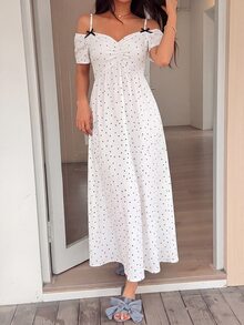 Napfluff Women's Cute Off-Shoulder Bow-Decorated Spaghetti Strap Nightgown - White - View 1