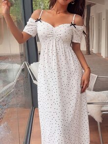 Napfluff Women's Cute Off-Shoulder Bow-Decorated Spaghetti Strap Nightgown - White - View 3
