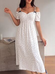 Napfluff Women's Cute Off-Shoulder Bow-Decorated Spaghetti Strap Nightgown - White - View 6
