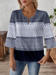 EMERY ROSE Plus Size Women Colorblock V-Neck Casual Versatile Daily Wear Shirt Fall - Multicolor - View 6