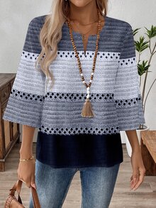 EMERY ROSE Plus Size Women Colorblock V-Neck Casual Versatile Daily Wear Shirt Fall - Multicolor - View 4