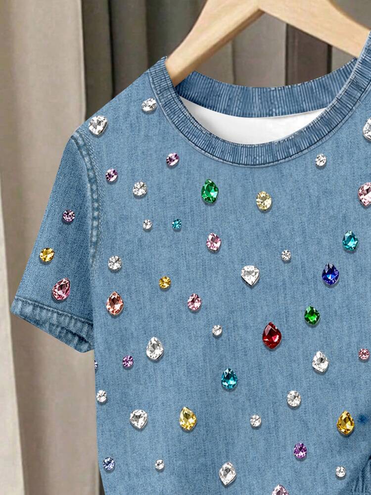 Tween Girl Round Neck Colorful Rhinestone Decor Short Sleeve T-Shirt And Shorts Casual Daily Set - Multicolor - View 3