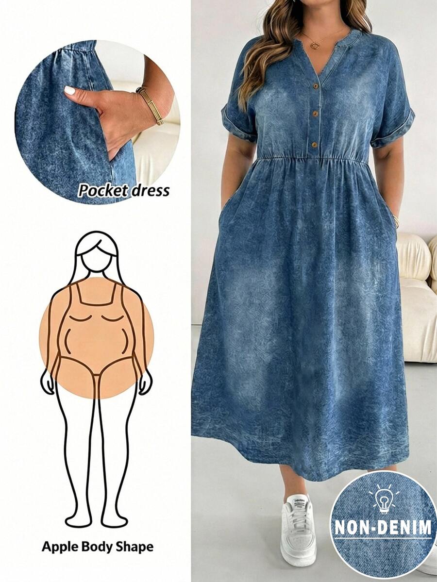 SHEIN Essnce 大码女式牛仔效果连衣裙,宽松连衣裙,夏季短袖连衣裙,舒适大码服装,印花连衣裙,度假连衣裙,女士休闲连衣裙,返校连衣裙,女士教堂连衣裙,女士休闲连衣裙,教师制服,大码泡泡裙,秋季女装,职业连衣裙,外出连衣裙,休闲连衣裙 - 藍色 - 查看 1