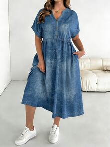 SHEIN Essnce 大码女式牛仔效果连衣裙，宽松连衣裙，夏季短袖连衣裙，舒适大码服装，印花连衣裙，度假连衣裙，女士休闲连衣裙，返校连衣裙，女士教堂连衣裙，女士休闲连衣裙，教师制服，大码泡泡裙，秋季女装，职业连衣裙，外出连衣裙，休闲连衣裙 - 藍色 - 查看 7