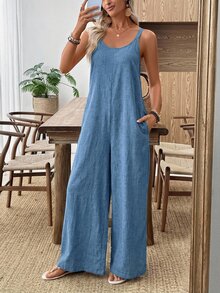 EMERY ROSE Plus Size Women's Textured Blue Casual Jumpsuit, Minimalist Fashion For Spring/Summer - Multicolor - View 3