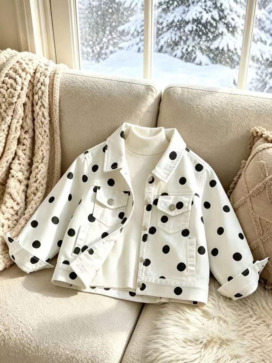 SHEIN Elladie kids Denimly 女孩時尚戶外百搭休閒學院風經典黑白波點印花牛仔夾克外套，翻領水洗牛仔長袖夾克