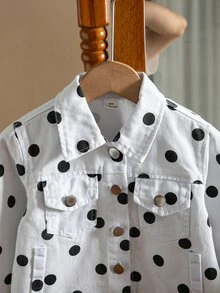 SHEIN Elladie kids Denimly 女孩時尚戶外百搭休閒學院風經典黑白波點印花牛仔夾克外套，翻領水洗牛仔長袖夾克 - 白色 - 查看 7