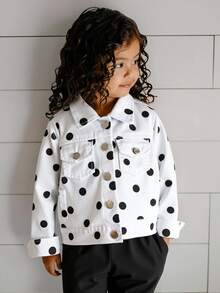 SHEIN Elladie kids Denimly 女孩時尚戶外百搭休閒學院風經典黑白波點印花牛仔夾克外套，翻領水洗牛仔長袖夾克 - 白色 - 查看 8