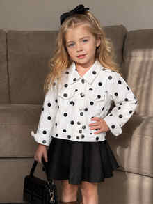 SHEIN Elladie kids Denimly 女孩時尚戶外百搭休閒學院風經典黑白波點印花牛仔夾克外套，翻領水洗牛仔長袖夾克 - 白色 - 查看 4