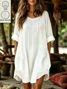 Breezaya Women's Elegant Casual European Style Toothpick Pleated Mid-Length Loose Shirt Dress, Suitable For Daily Commute, Workplace And Vacation Summer - White - View 3