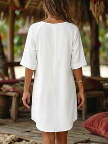 Breezaya Women's Elegant Casual European Style Toothpick Pleated Mid-Length Loose Shirt Dress, Suitable For Daily Commute, Workplace And Vacation Summer - White - View 2