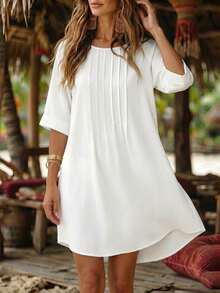 Breezaya Women's Elegant Casual European Style Toothpick Pleated Mid-Length Loose Shirt Dress, Suitable For Daily Commute, Workplace And Vacation Summer - White - View 6
