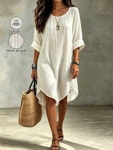 Breezaya Women's Elegant Casual European Style Toothpick Pleated Mid-Length Loose Shirt Dress, Suitable For Daily Commute, Workplace And Vacation Summer - White - View 1