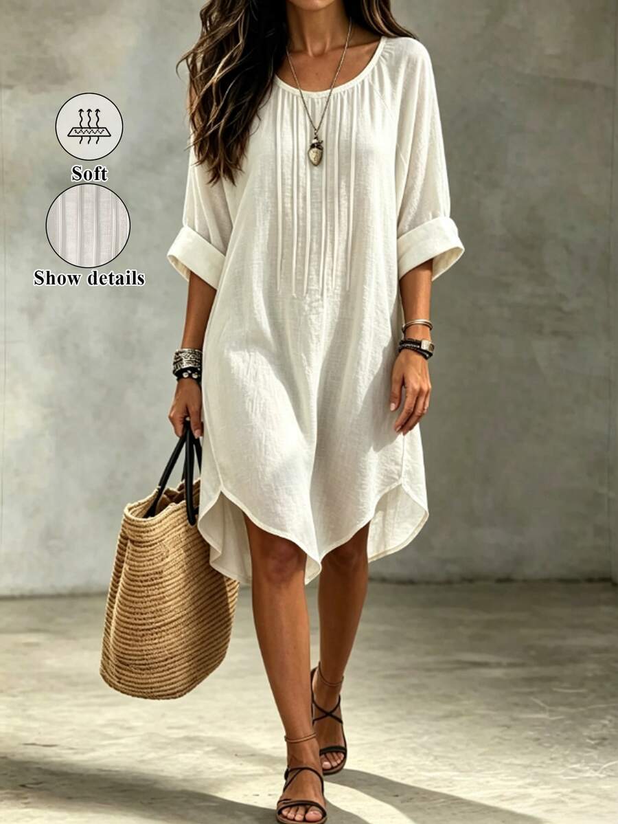 Breezaya Women's Elegant Casual European Style Toothpick Pleated Mid-Length Loose Shirt Dress, Suitable For Daily Commute, Workplace And Vacation Summer - White - View 1