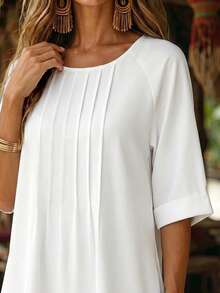 Breezaya Women's Elegant Casual European Style Toothpick Pleated Mid-Length Loose Shirt Dress, Suitable For Daily Commute, Workplace And Vacation Summer - White - View 5
