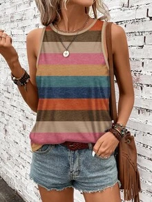 SHEIN LUNE Women Plus Size Colorful Striped Round Neck Camisole, Suitable For Spring/Summer Striped Tank Top Colorful Tank Top - Multicolor - View 3