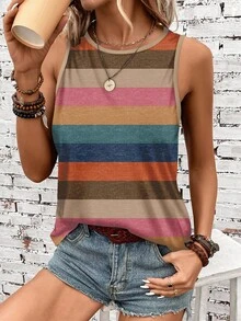SHEIN LUNE Women Plus Size Colorful Striped Round Neck Camisole, Suitable For Spring/Summer Striped Tank Top Colorful Tank Top - Multicolor - View 1