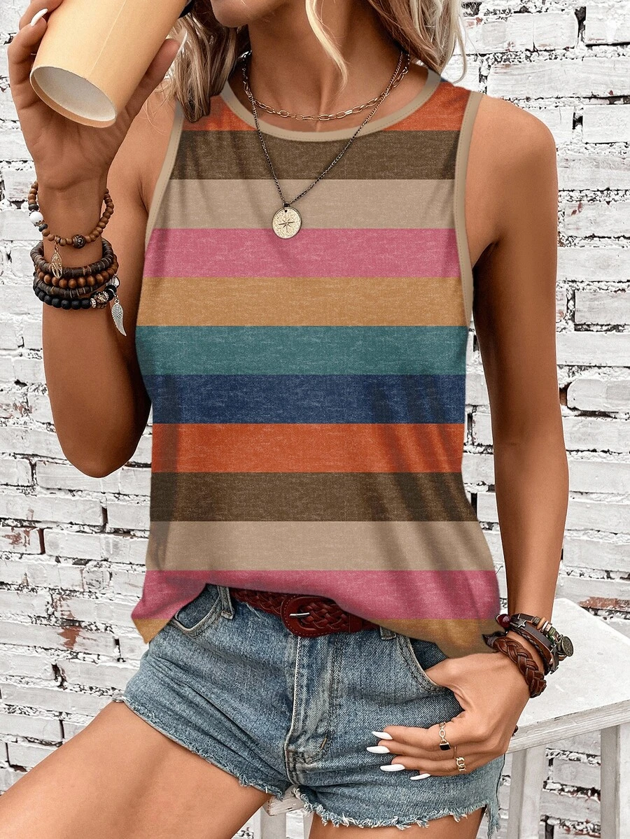 SHEIN LUNE Women Plus Size Colorful Striped Round Neck Camisole, Suitable For Spring/Summer Striped Tank Top Colorful Tank Top - Multicolor - View 1
