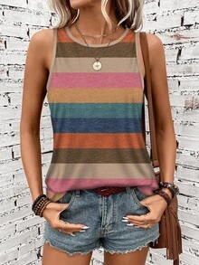 SHEIN LUNE Women Plus Size Colorful Striped Round Neck Camisole, Suitable For Spring/Summer Striped Tank Top Colorful Tank Top - Multicolor - View 4