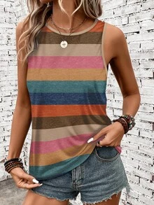 SHEIN LUNE Women Plus Size Colorful Striped Round Neck Camisole, Suitable For Spring/Summer Striped Tank Top Colorful Tank Top - Multicolor - View 5