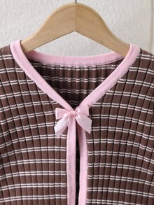 粉色條紋蝴蝶結裝飾女童百搭針織開襟衫 - 棕色 - 查看 4