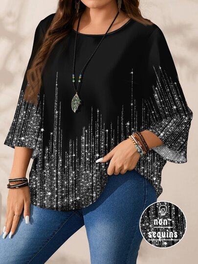 EMERY ROSE ملابس علوية نسائية كاجوال بأكمام ثلاثة أرباع وياقة دائرية فضفاضة مطبوعة بالكامل، مناسبة للخريف/الشتاء، ملابس علوية مرصعة بالترتر، ملابس علوية لامعة، بلوزات أنيقة للنساء، بلوزات نسائية أنيقة، مناسبة لرأس السنة الجديدة، ملابس علوية صيفي، ملابس علوية صيفي للنساء، ملابس علوية سوداء